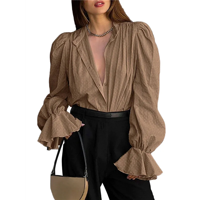 

ASDS-Womens Blouse Shirt Straw Yellow Solid Color Shirred Cuff V Neck Blouse Trendy Fall Winter Clothes
