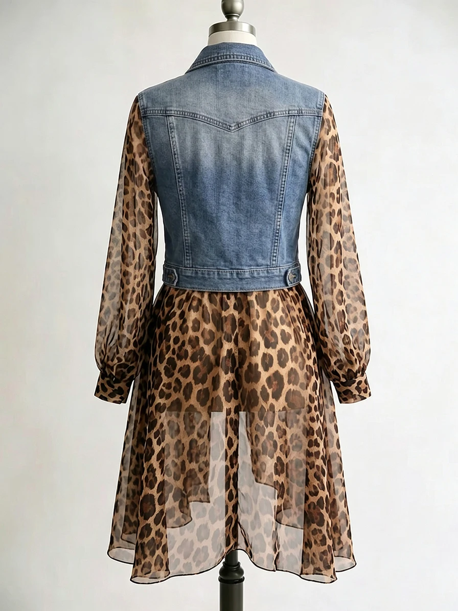 Vintage Chiffon Leopard Women Denim Coat Turndown Collar See-Through Long Sleeve Slim Fit Top Elegant Single-breasted Jackets