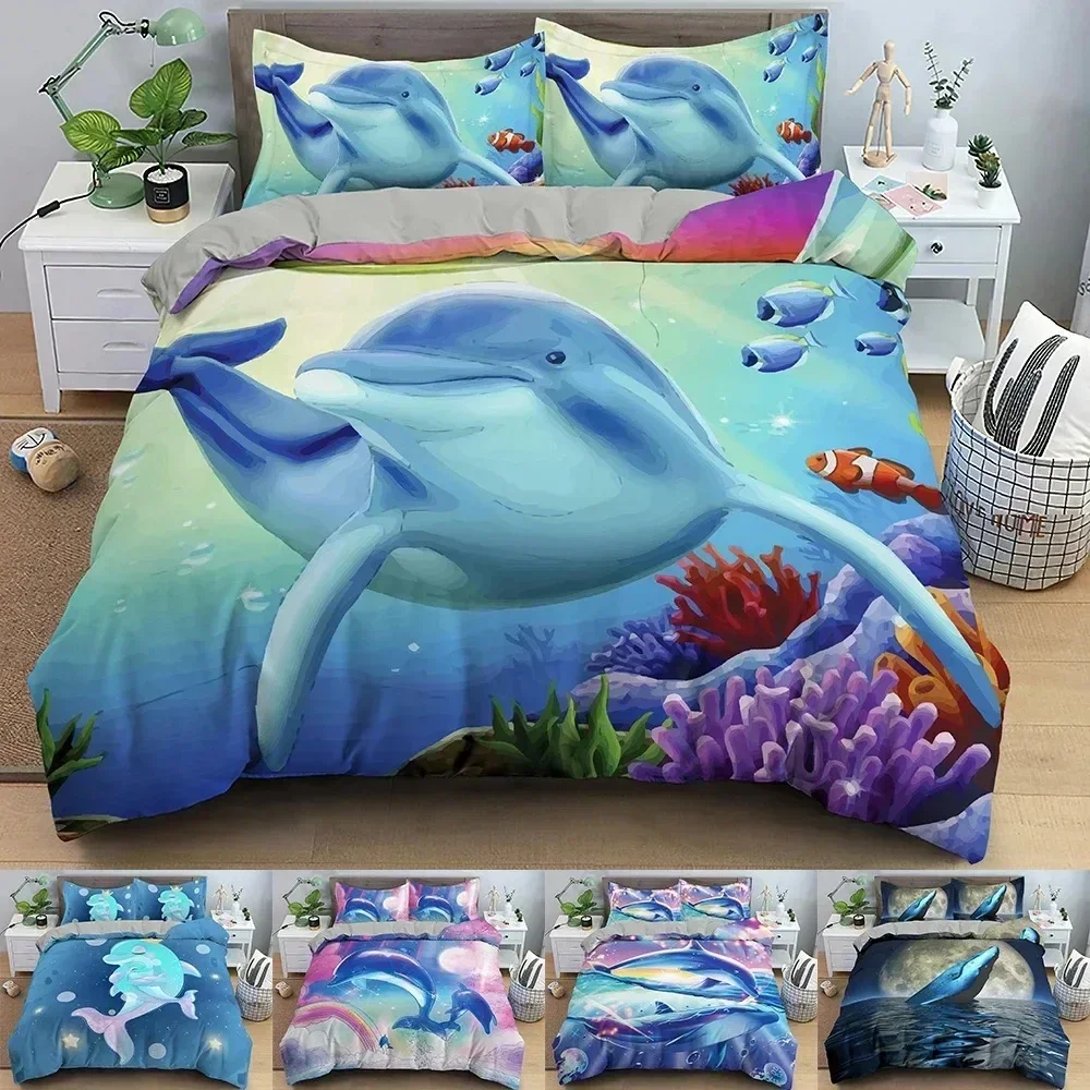 

3D Dolphin Bedding Set Cute Animals Duvet Cover With Pillowcase Bedroom Printed Comforter Covers Twin Full King Home Textile