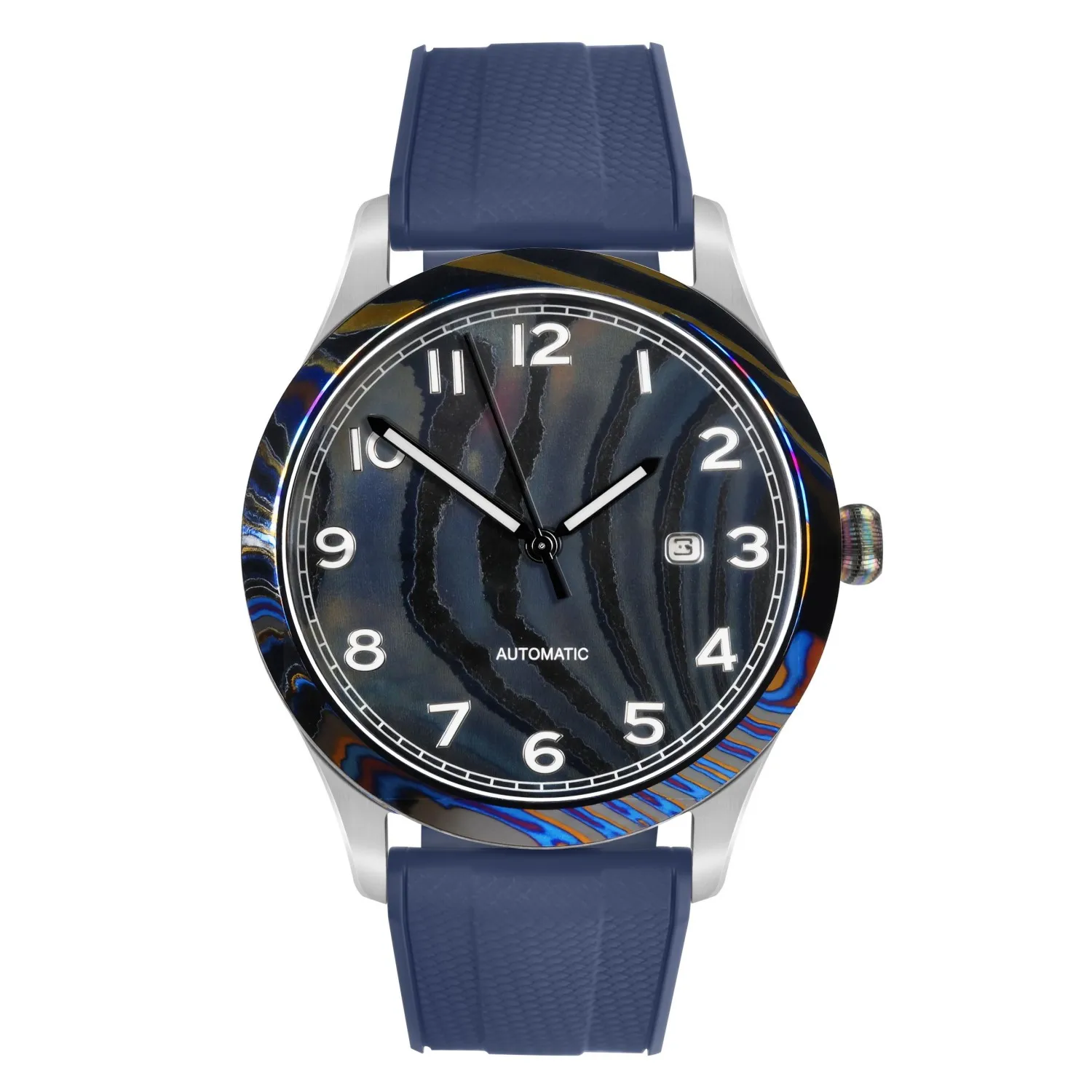 

ENITON Mechanical Watch Japanese 8215 Movement Exotic Damascus Titanium FKM Rubber Band Unique Mechanical Men Wristwatch