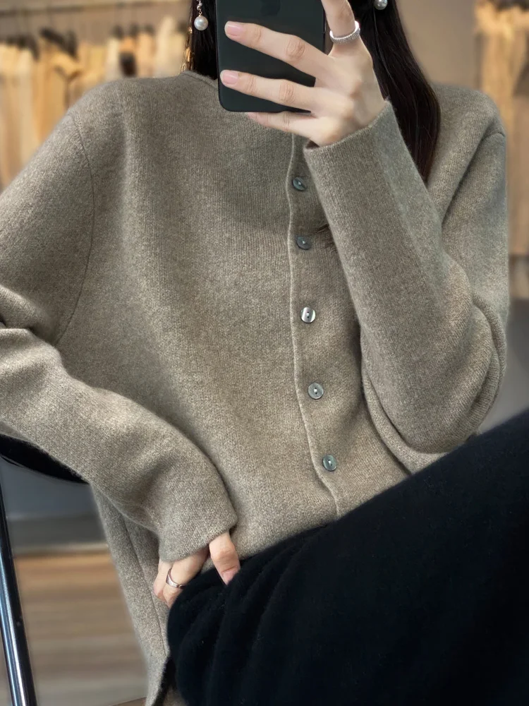 Hot Sale Women's Cardigan 100% Merino Wool Sweater Knitted Round Collar Cardigan Spring and Autumn Female Loose Fashion Clothes