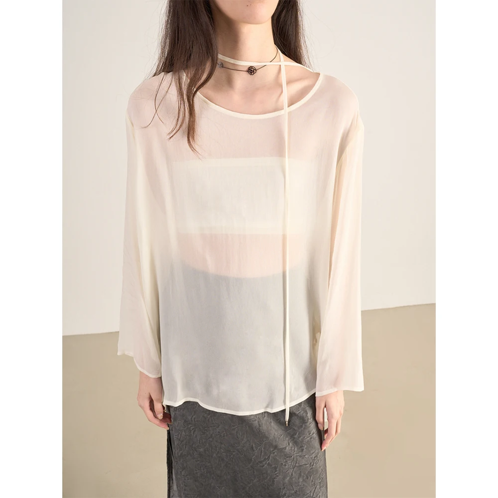 

LANVIVIER French Sle Loose Fit Asymmetric Lace irt with Belt Long Sve round Ne Mid-Length Pure Color Women's Top