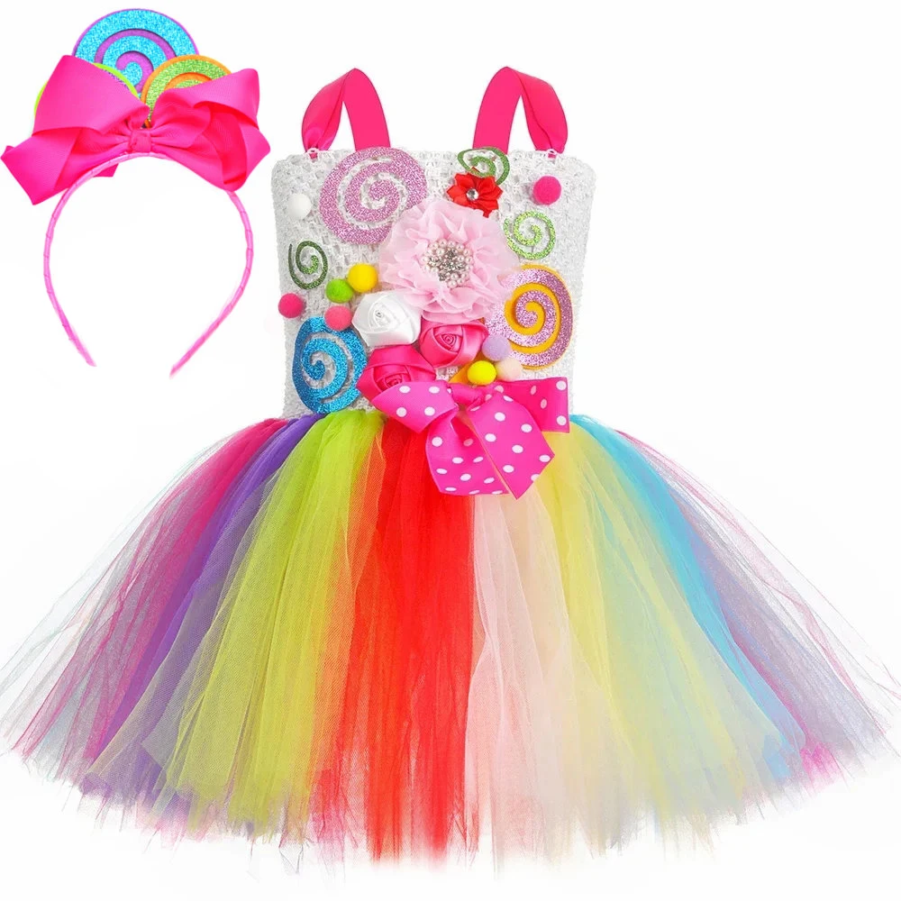 

Rainbow Flowers Candy Lollipop Tutu Dress Costume for Girls Halloween Birthday Party Princess Dress Baby Kids Candyland Costumes