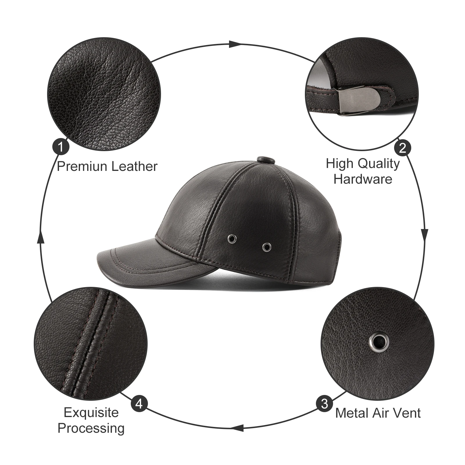 Feinion verstellbare Herren-Baseballmütze aus echtem Rindsleder für Herbst und Winter, Outdoor-Sportmütze – Detail 2