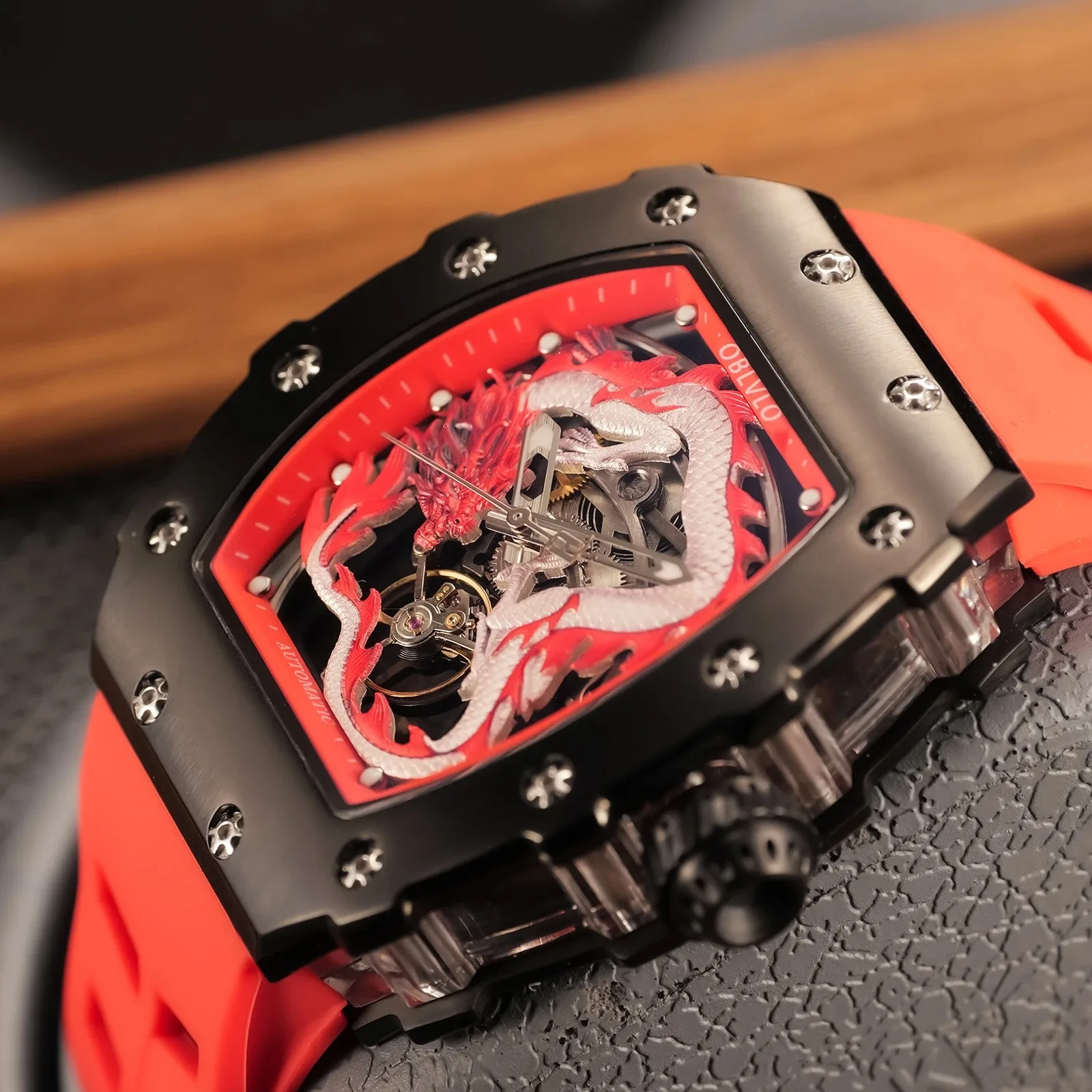 OBLVLO ساعة أوتوماتيكية للرجال Tonneau ساعة يد ميكانيكية هيكل عظمي التنين الهاتفي الياقوت 50 متر مقاوم للماء مضيئة #2