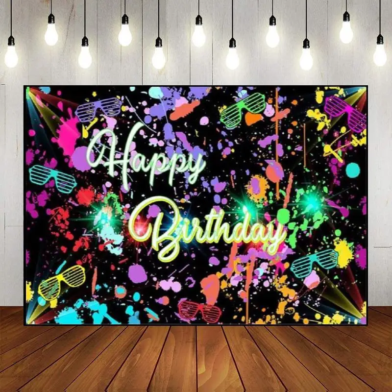 Happy Birthday Decoration Party Backdrop Graffiti Banner Neno Glow Theme Disco Wall Colorful Splat Custom Baby Shower Let's