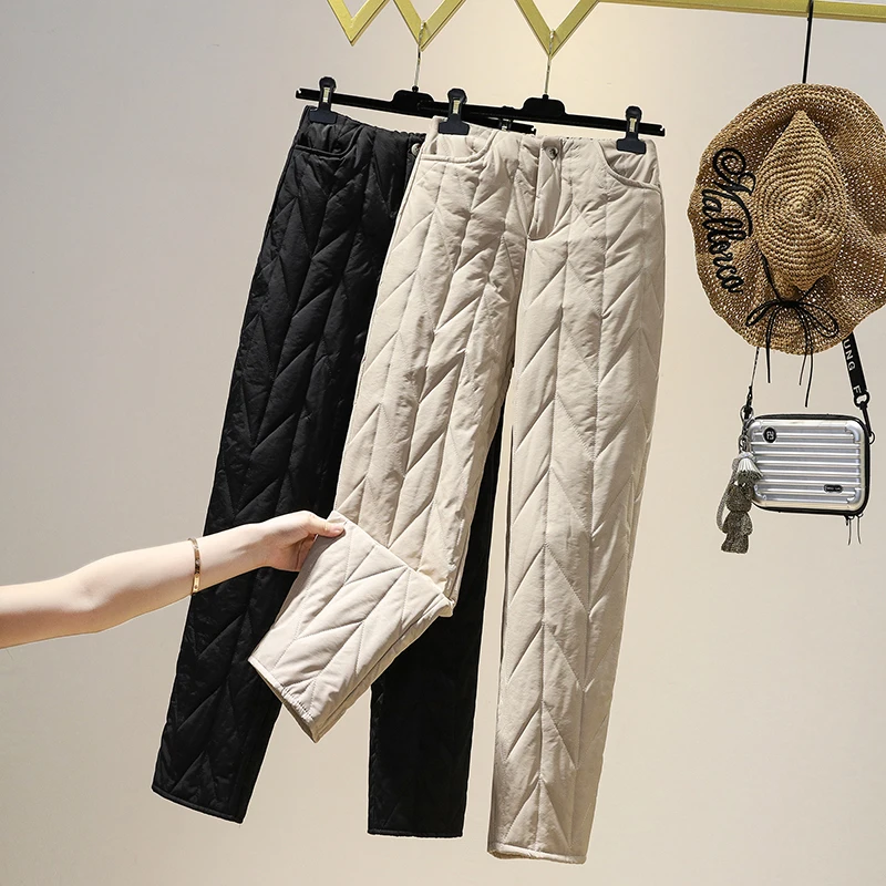 

Женские однотонные повседневные брюки, зимние новые модные прямые свободные брюки с высокой талией, модные универсальные пуховые хлопковые брюки