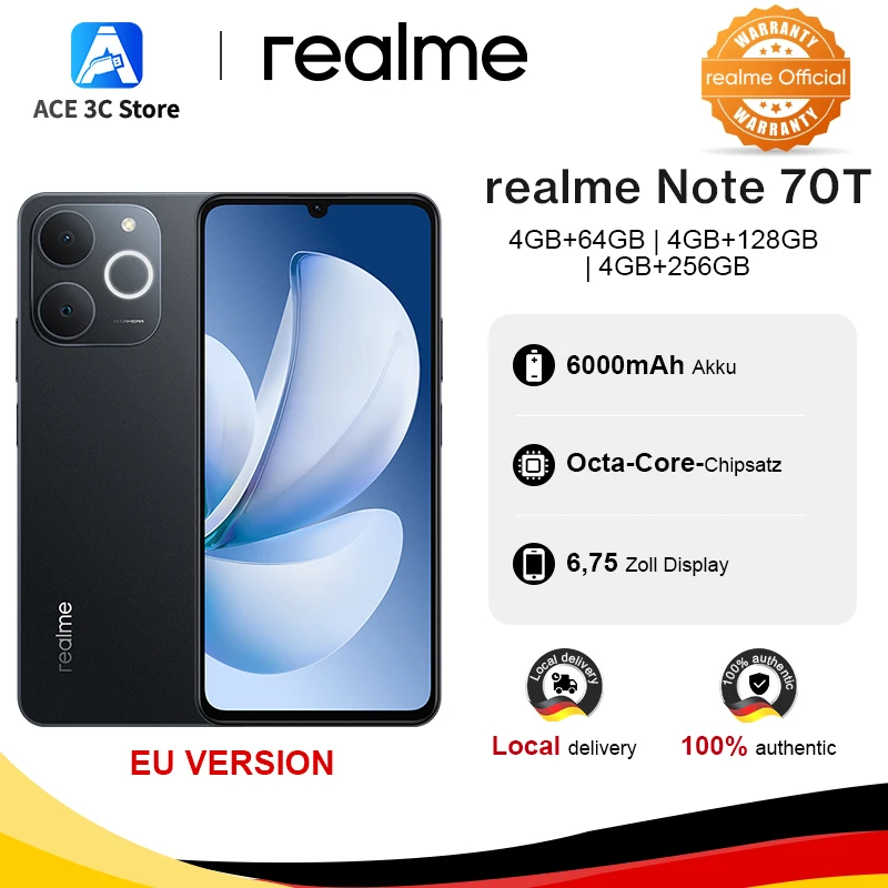Version européenne du smartphone realme Note 70T : écran de 6,75 pouces à 90 Hz, batterie de 6 000 mAh, appareil photo arrière de 13 Mpx avec IA, processeur octa-core, certification IP54 Version européenne du smartphone realme Note 70T : écran de 6,75 pouces à 90 Hz, batterie de 6 000 mAh, appareil photo arrière de 13 Mpx avec IA, processeur octa-core, certification IP54