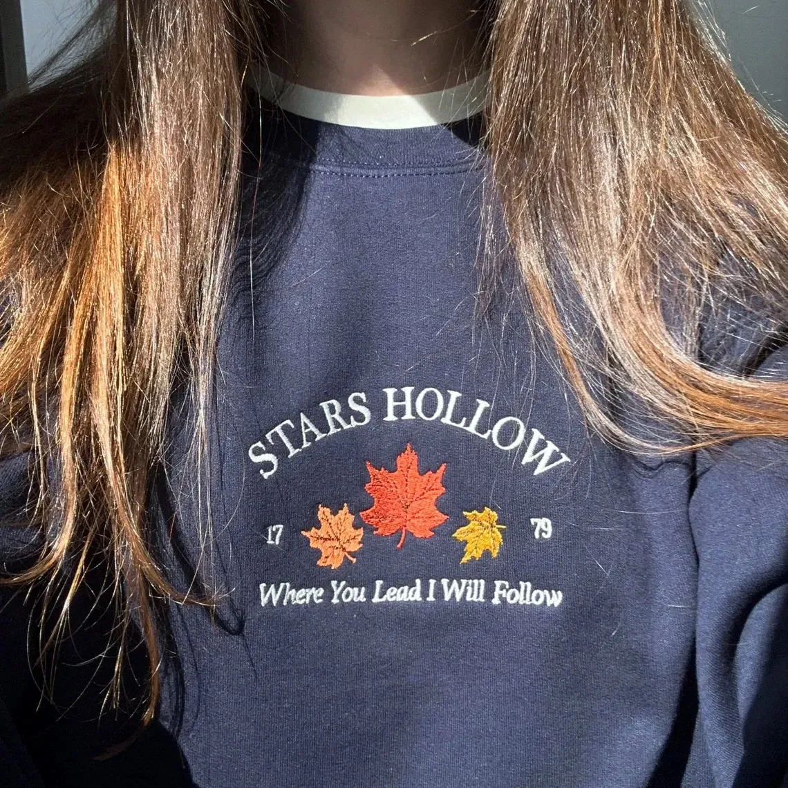 Stars Hollow 1779 Letters Embroidered Crewneck Navy Sweatshirts Female Autumn Loose Thick Fleece Pullover Vintage Style Jumper