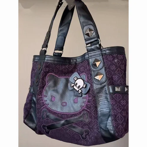 Sanrio Hello Kitty Vintage Patchwork púrpura axila bolsa subcultura Y2K dulce chica picante bolso gótico tendencia versátil bolso de mano