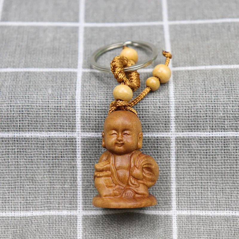 Peach Wood Buddha Shakyamuni Key Chain Guanyin Bodhisattva Wooden Keychain Tathagata Buddhist Monk Tourist Keyring Pendant Gift