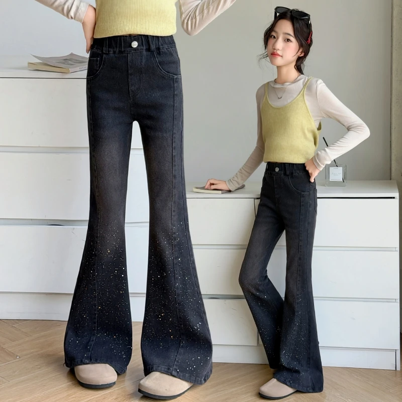 Girls High Stretch Flared Denim Jeans Side Seam Spliced Glitter Splash Bell‑Bottom Pants Black Washed Spring Autumn Kids Casual