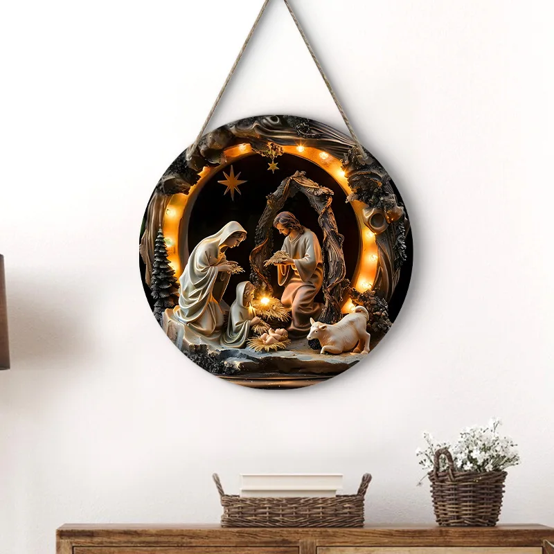 2D Nativity Scene Wooden Sign Plate Religious Jesus Born Wreath Sign for Easter DIY Church Front Door Wall Hanging Decoration