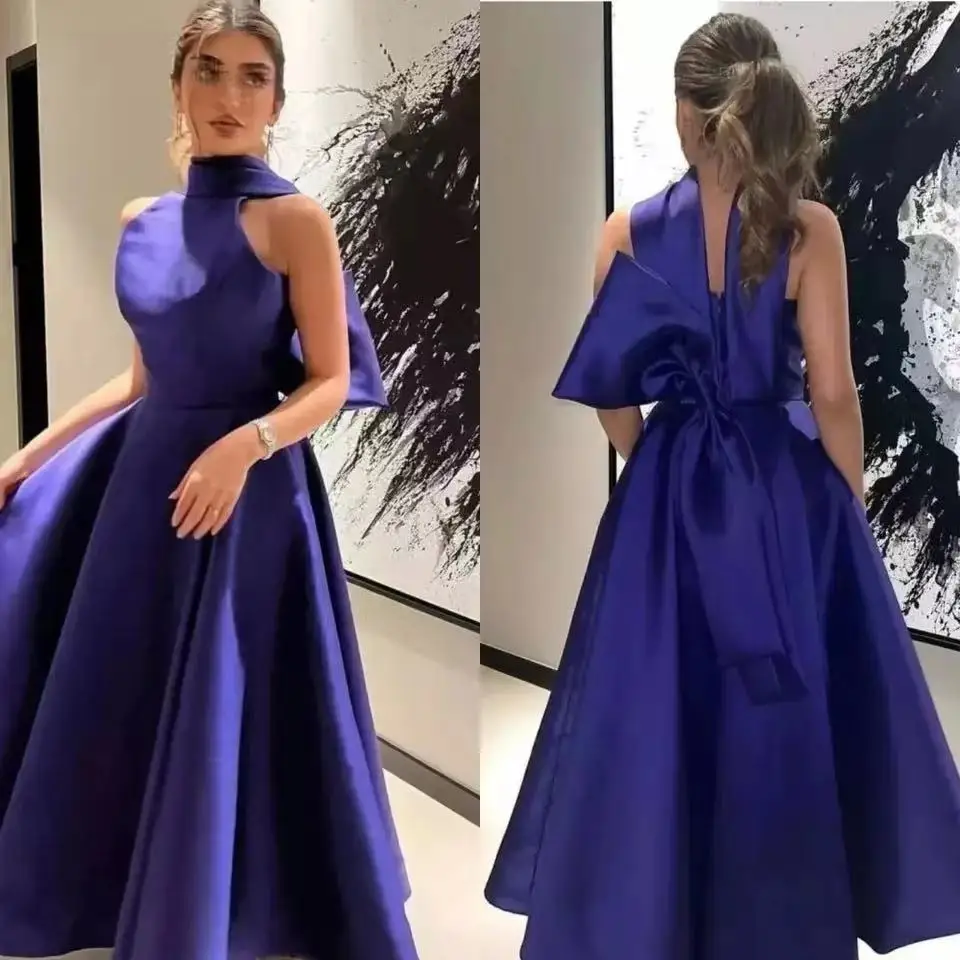 Fnoexw Purple Prom Dresses Satin Halter With Bow Elegant Tea Length Vestidos De Fiesta Elegantes Para Mujer 2024 Saudi Arabia