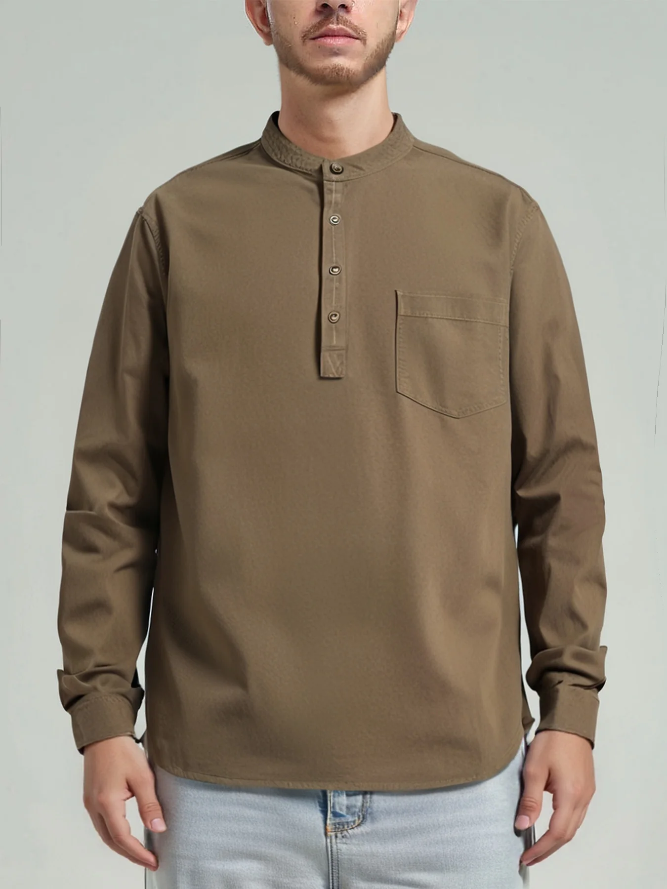 

Autumn pure cotton Henry collar shirt jacket men's high-end sense ruffian handsome casual men's shirt long sleeve men