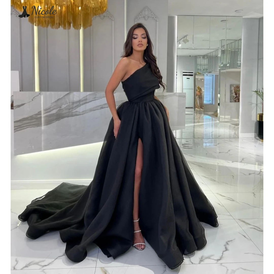 

Nicole Single-shoulder Sleeve Women's Evening Dress Woman Custom Made Line A Prom Dresses 2025 Luxury Dresses for Party Slit