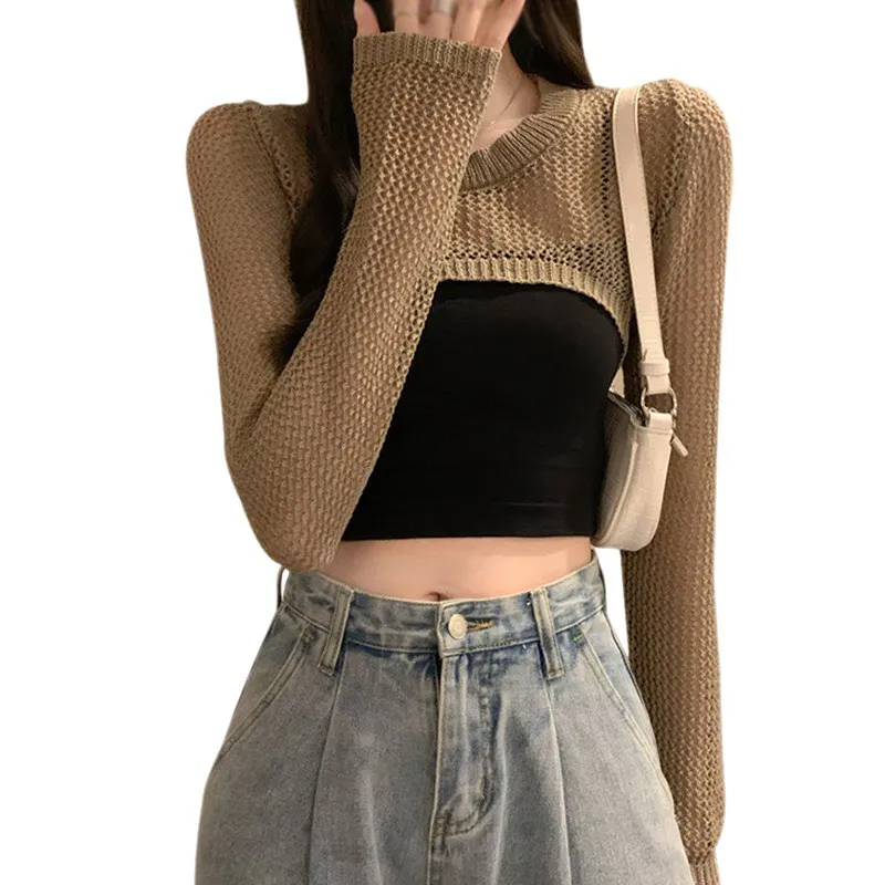 Women Crochet Knit Hollow Out Crop Top Long Flared Sleeve Shrug Sweater Mesh Cover Ups Cardigan Streetwear Pullover  Shirt