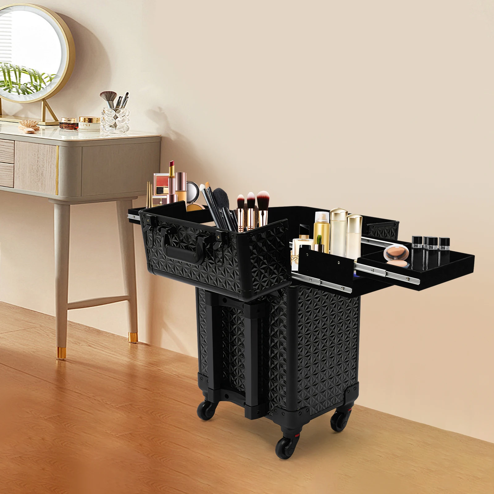 

Rectangular Rolling Nail Case Wheeled Manicure Storage Case Polish Organizer Professional Makeup Trolley 34*25*47cm
