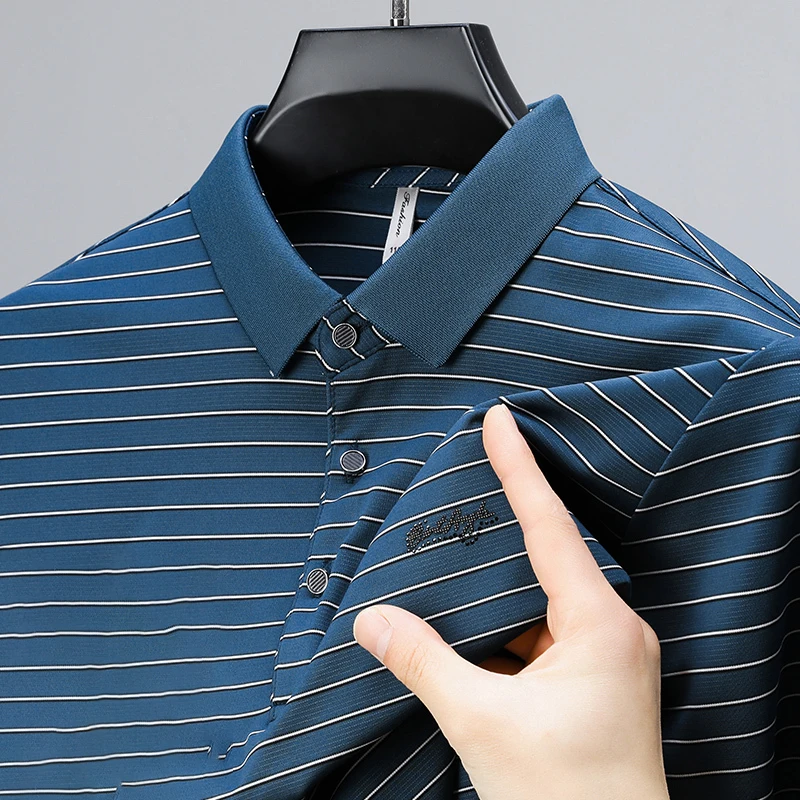 Fashion Loose Business Diamonds Striped Polo Shirts Men\'s Clothing 2024 Summer New Oversized Casual Pullovers All-match T-Shirt