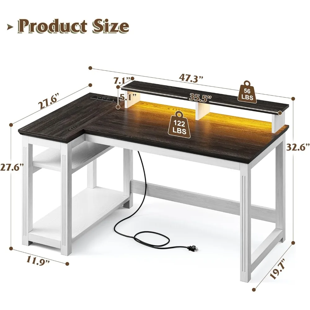 47.3 مكتب كمبيوتر مع حامل شاشة وأضواء LED، مكتب مزرعة مع مخرج طاقة وأرفف تخزين للمنزل O