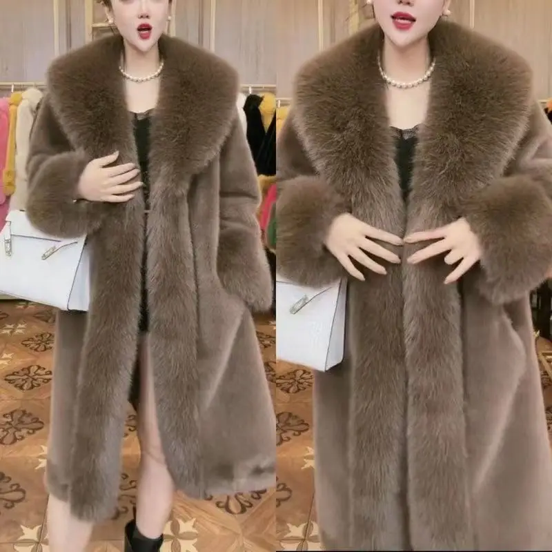 2023 Winter Fur Coat Women Thickened Artificial Fox Fur Mid Length Mink All Match Big Fur Collar Long Sleeved  Female Outwear