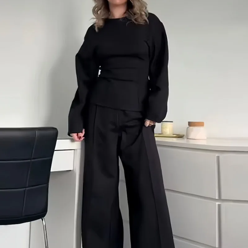 Autumn Winter Fashion Women's Suits in Multiple Colors Double-sided Fabric Fitted Long-sleeved Round-neck Sweatshirts Long Pants
