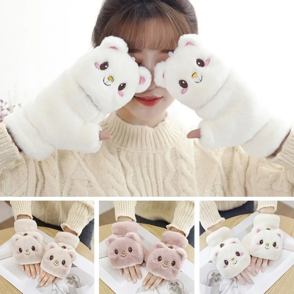 Cute Plush Rabbit Fingerless Gloves Fur Mittens Winter Soft Warm Thicken Gloves For Women Girl Half Finger Cold-proof Glove R3g4