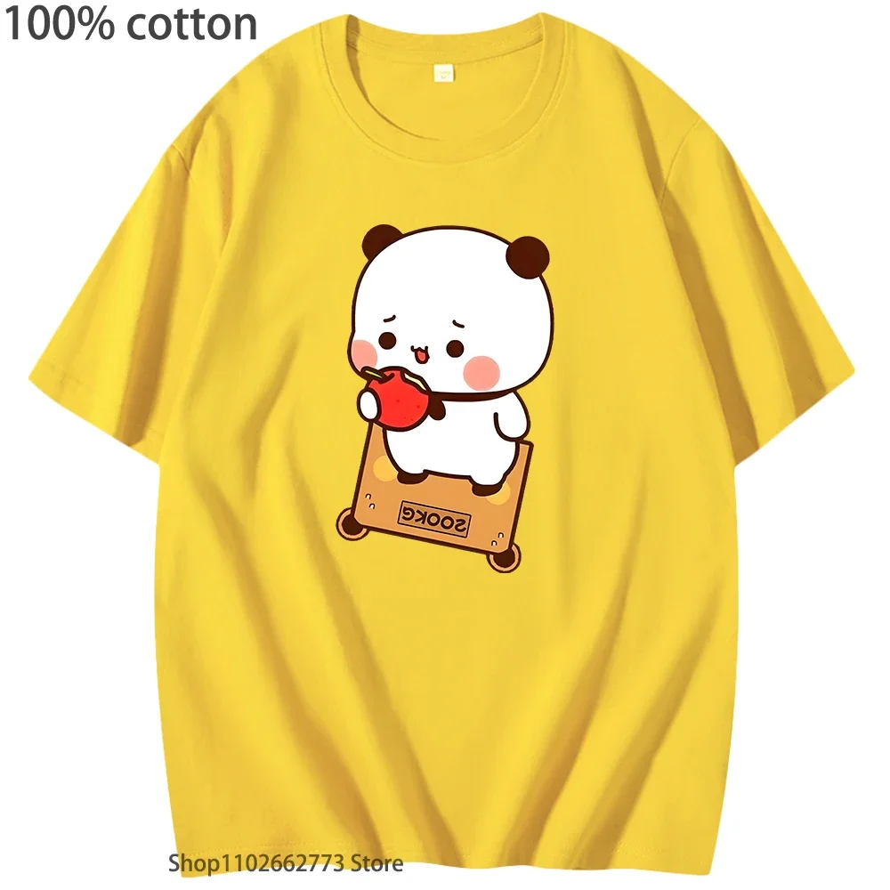 Urocza koszulka z grafiką Bubu jedzącego jabłko, panda, kawaii, damska koszulka, męskie koszulki, 100% bawełna, letnie ubrania, miękkie damskie t-shirty