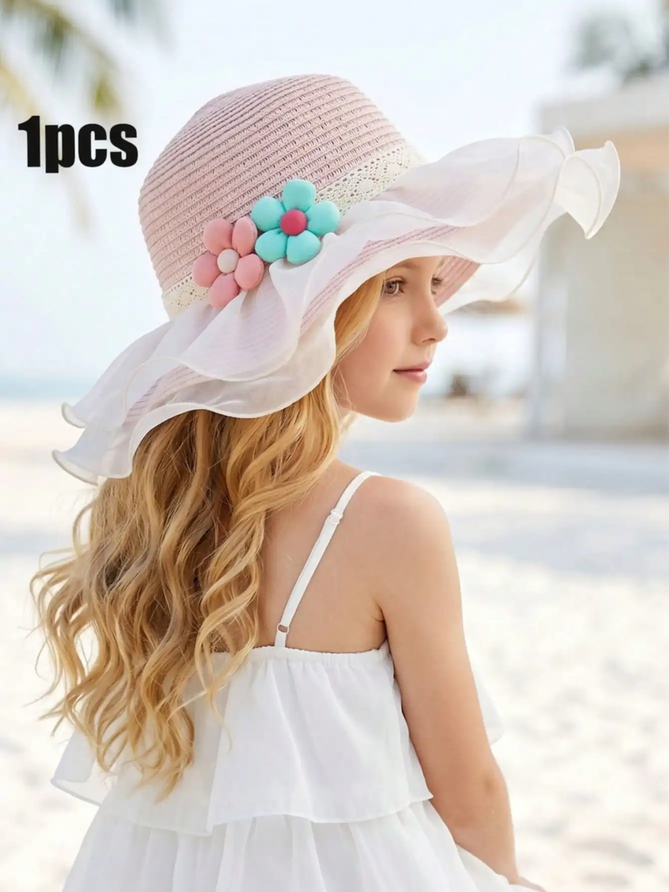 

1Pc 3-8Y Girls Pink Wavy Brim Straw Hat Double Flower Decor Breathable Summer Sun Hat for Outdoor Beach Sports Daily Wear