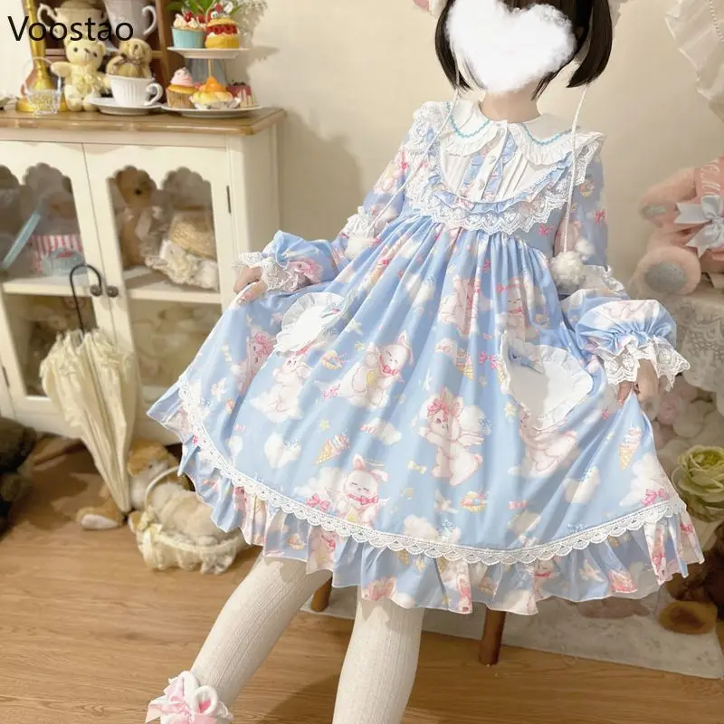 Japanse Sweet Lolita Op Dress Women Kawaii Strik Bunny Print Kanten Feestjurken Meisjes Schattige Peter Pan Kraag Jurk Met Lange Mouwen