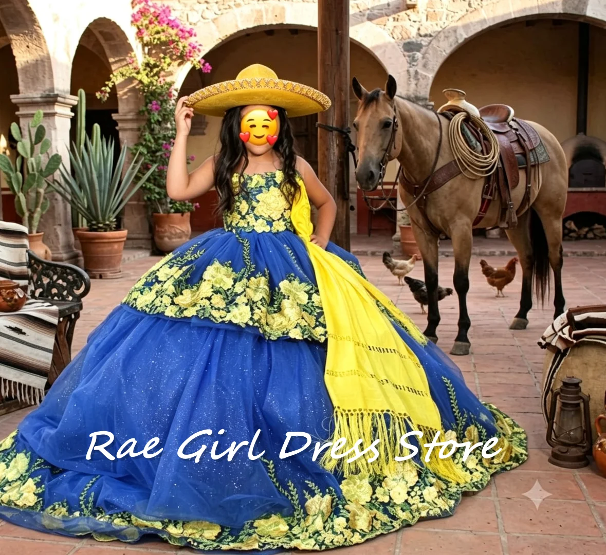 Royal Blue Glitter Tulle Flower Girl Dress Spaghetti Straps Yellow Floral Embroidery For Charro Quinceanera Customized