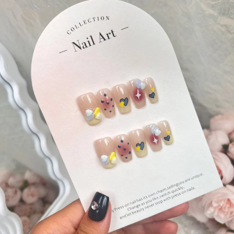 10Pcs Handmade French Almond press on nails color contrast love graffiti fresh fake nails Design with Adhesive Nail File Set