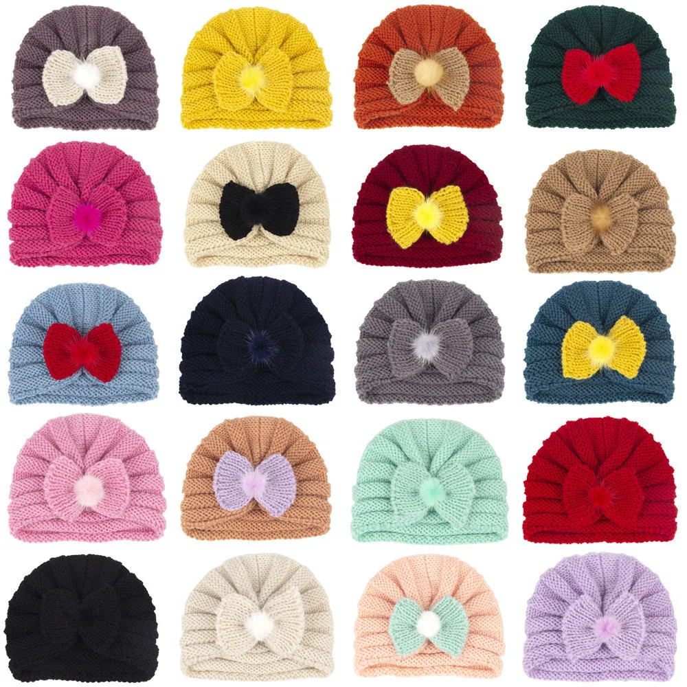 New Bow Baby Hat Autumn Winter Knit Baby Beanie Big Elastic Kids Turban Hat Infant Bonnet Newborn Cap for Girls Boys Accessories