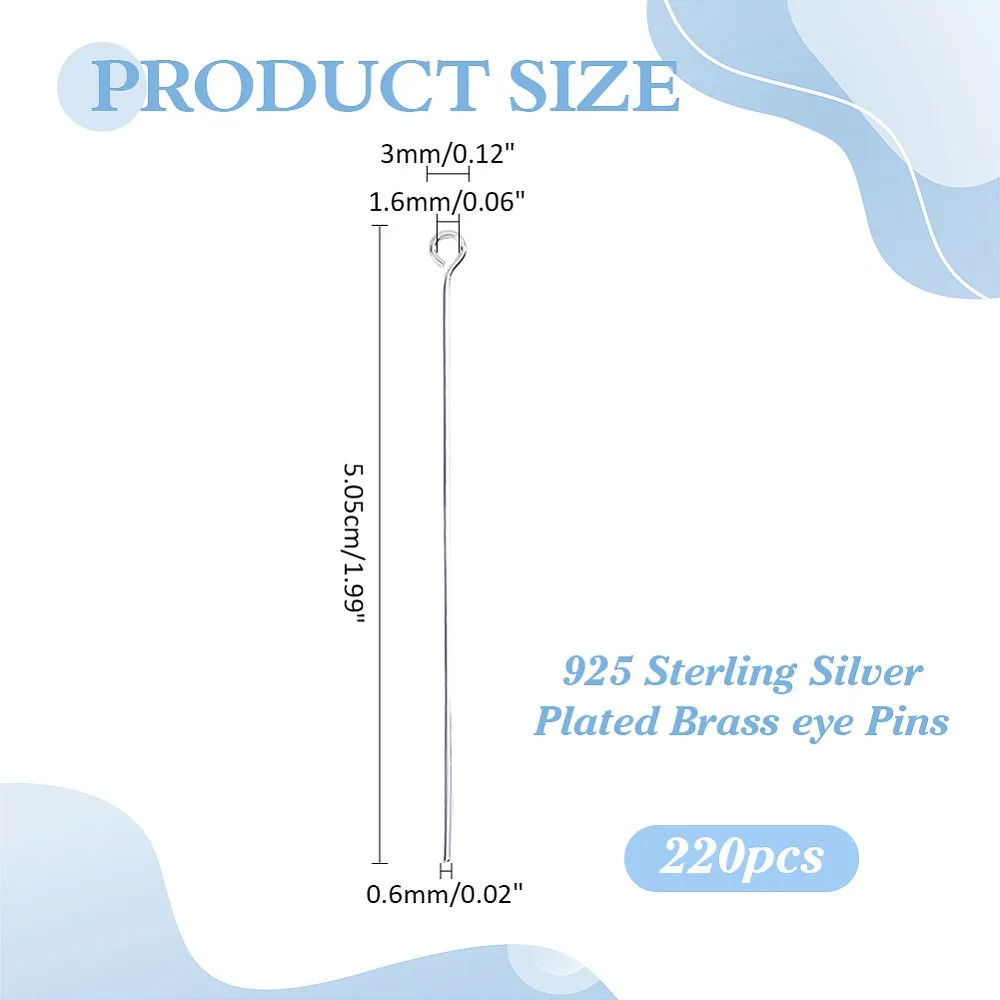 220Pcs Head Pins 925 Sterling Silver Plated Brass Flat Ball Head Eye Pins Jewelry Pins Needles 50.5mm for Earring Bracelet