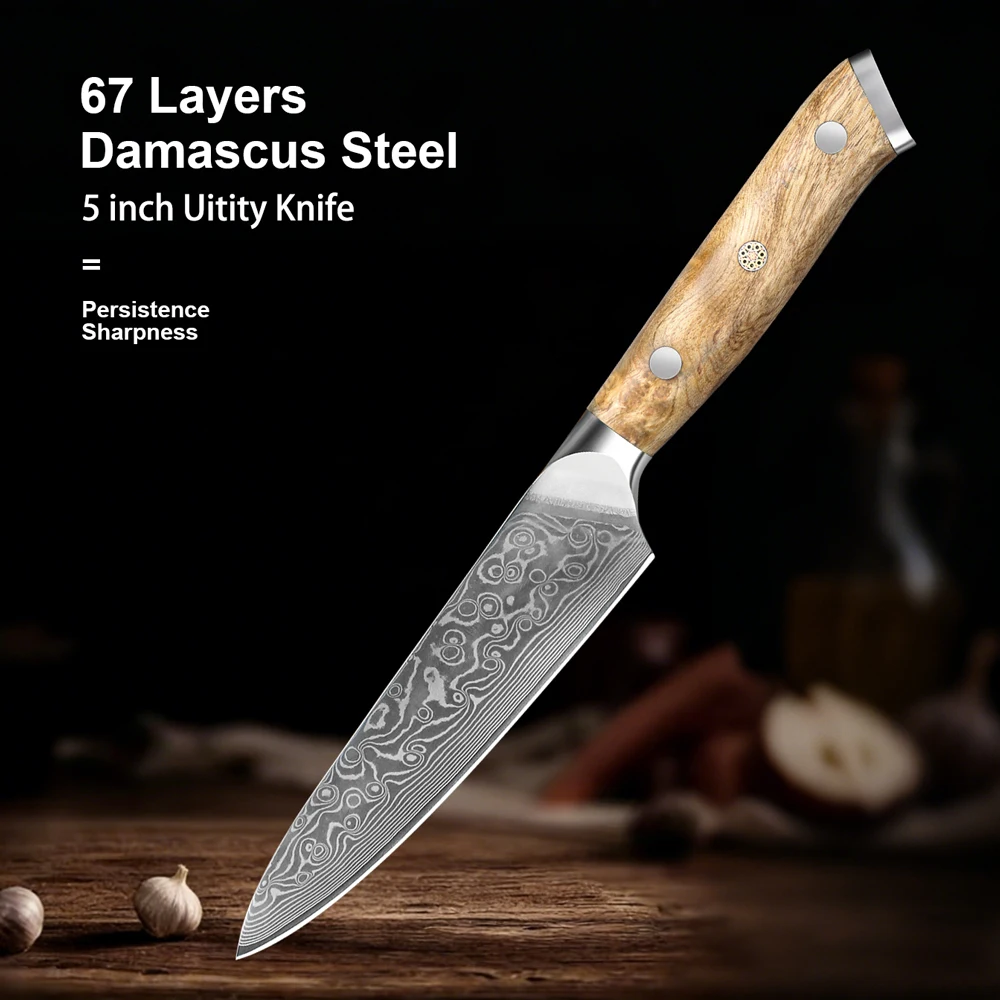 5.2-inch Utility Knife Damascus Steel, Super-Sharp Blade, Multi-Purpose, Kitchen Chef Fruit Knife Figured Sycamore Wood
