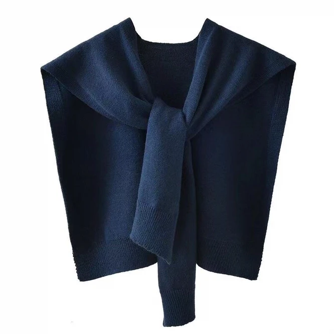 Spring Autumn Korean Knitted Shoulder Women's Knot Solid Color With Air Conditioning Small Shawl To Protect Neck Blue