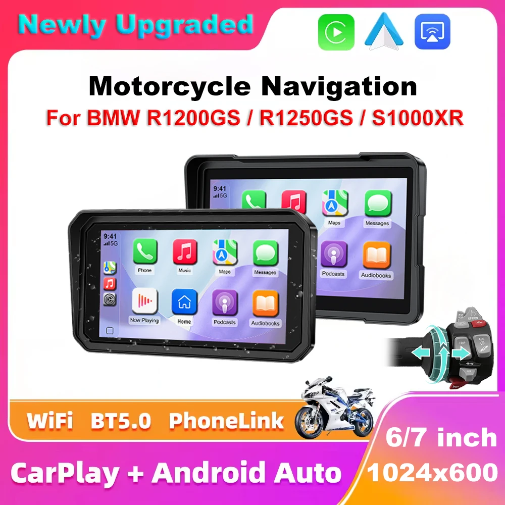 

6" 7" Wireless Motorcycle CarPlay Moto Android Auto Portable Digital Dashboard GPS Navigation For BMW R1200GS R1250GS Screen