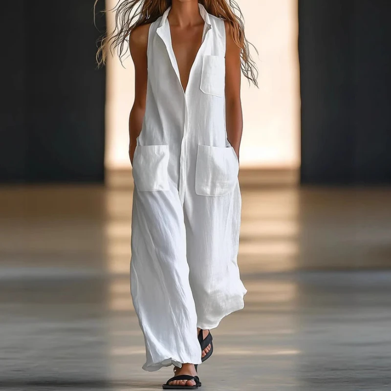 

Женские комбинезоны из хлопка, винтажная мода, свободный дизайн с карманами, элегантный комбинезон без рукавов с v-образным вырезом, однотонные повседневные комбинезоны 2025