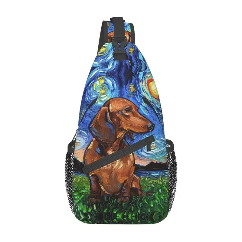 Starry Night Dachshund Sling Bag for Cycling Camping Men's Badger Sausage Wiener Dog Crossbody Chest Backpack Shoulder Daypack