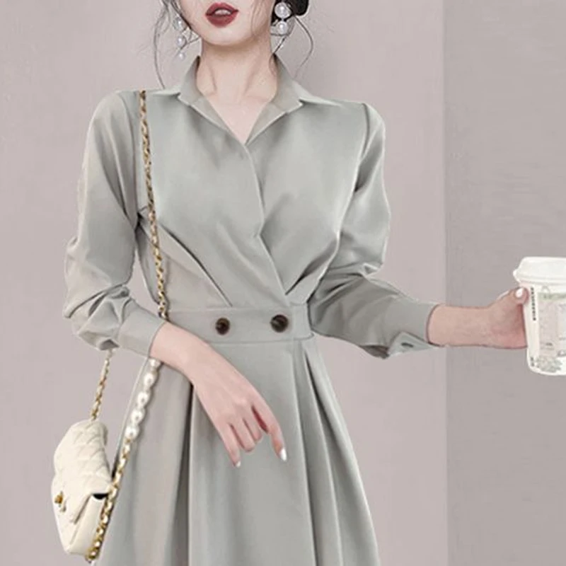 Spring Autumn Solid Color Midi Dress Women POLO Collar Long Sleeve Fashion Dresses Elegant Button High Waist Vintage Vestidos