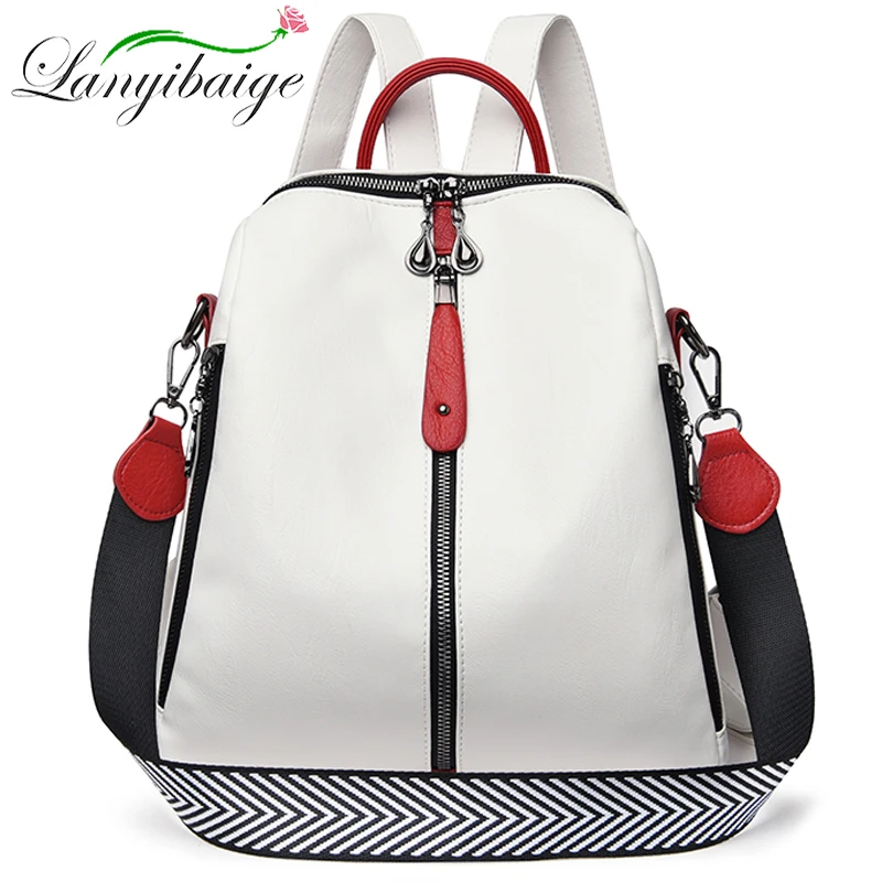 Mochila De cuero suave para mujer, morral escolar de alta calidad, color blanco, A la moda