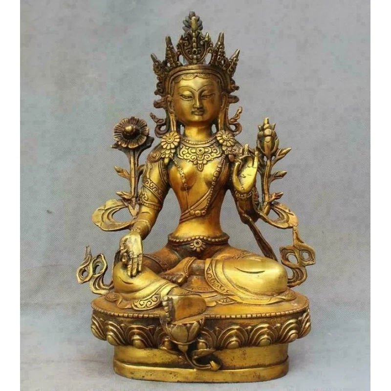 

12" tibet old Buddhism Bronze gilt green tara GuanYin Bodhisattva Buddha statue