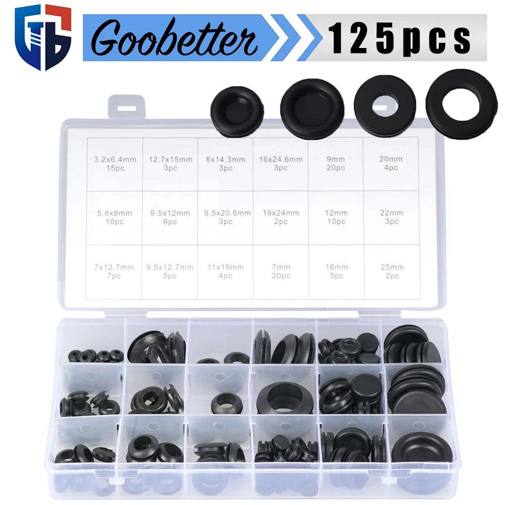 125pcs Rubber Grommet Protective Coil Double-sided Black Rubber Firewall Hole Plug Retaining Ring Car Electrical Wire Gasket