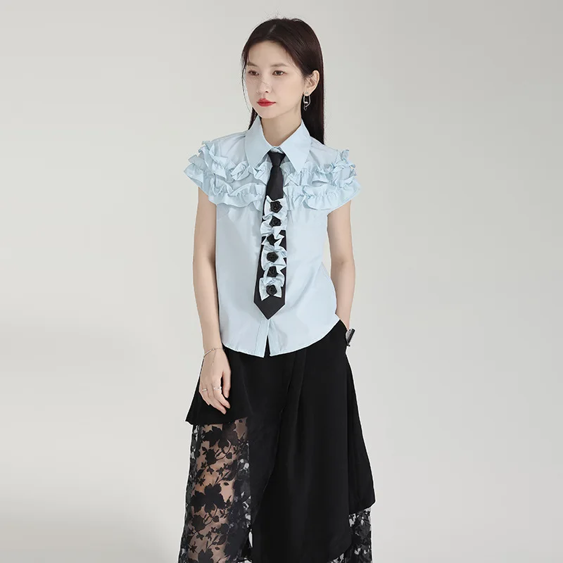 Tannt Women Shirt Edible Tree Fungus Patchwork Short Sleeves Cotton Shirts Blouses Black White Blue Fashion Short Blouses Tops