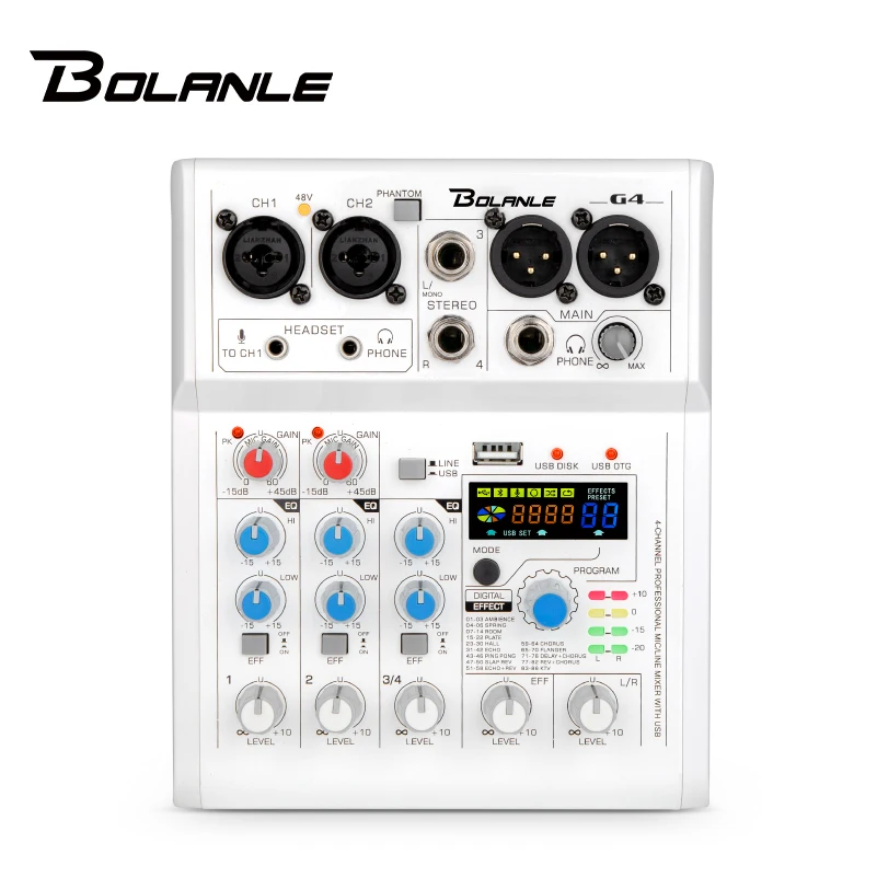 

Bolanle G4 16bit/48KHZ 4 Channel Audio Mixer 48V Phantom Power USB Studio Sound Mixers Bluetooth DJ Console Mixing for Karaok