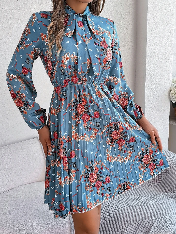 French Women's Dress Chiffon Elegant Commuting Fashion Floral Print Tied Neck Long Sleeved High Waist A-line Mini Pleated Dress