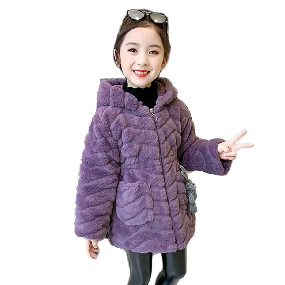 Big Girls Fur Coat Hoodies Solid Color Girls Coats Winter Kids Coat Casual Style Children\'s Clothing Girl