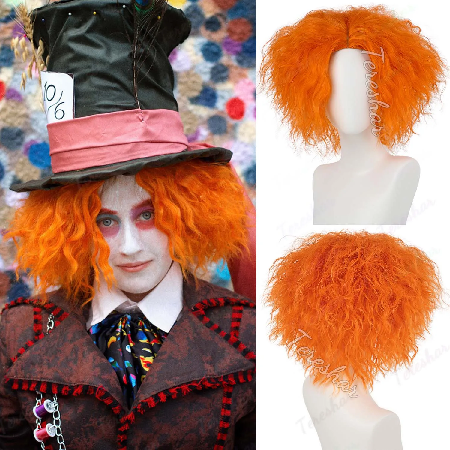 

Synthetic Short Orange Curly Wig for Men Women Unisex Messy Curly Cosplay Halloween Anime Funny Wigs, Mad Hatter Costume Wig