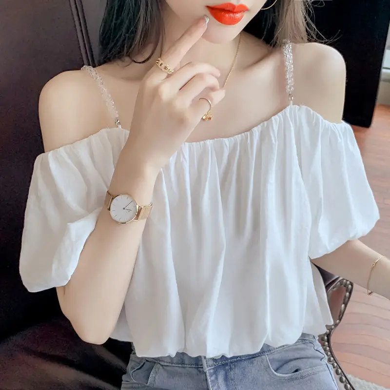 

Women Summer Fashion Loose Casual Solid Color Chiffon Slash Neck Short Sleeve Camis Women Clothes Office Lady All-match Top Tee