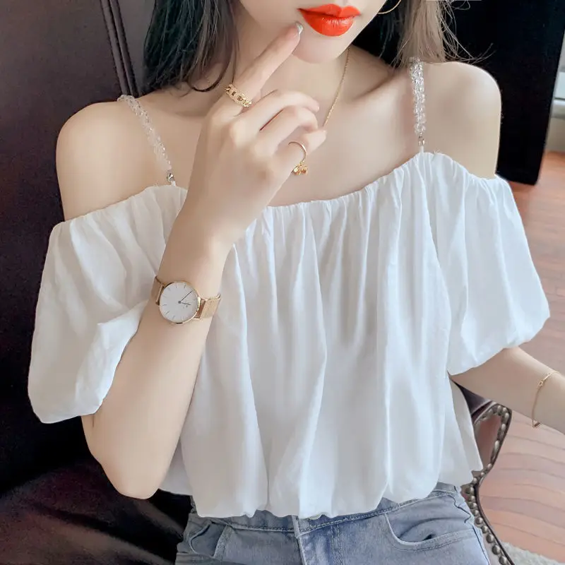 Women Summer Fashion Loose Casual Solid Color Chiffon Slash Neck Short Sleeve Camis Women Clothes Office Lady All-match Top Tee